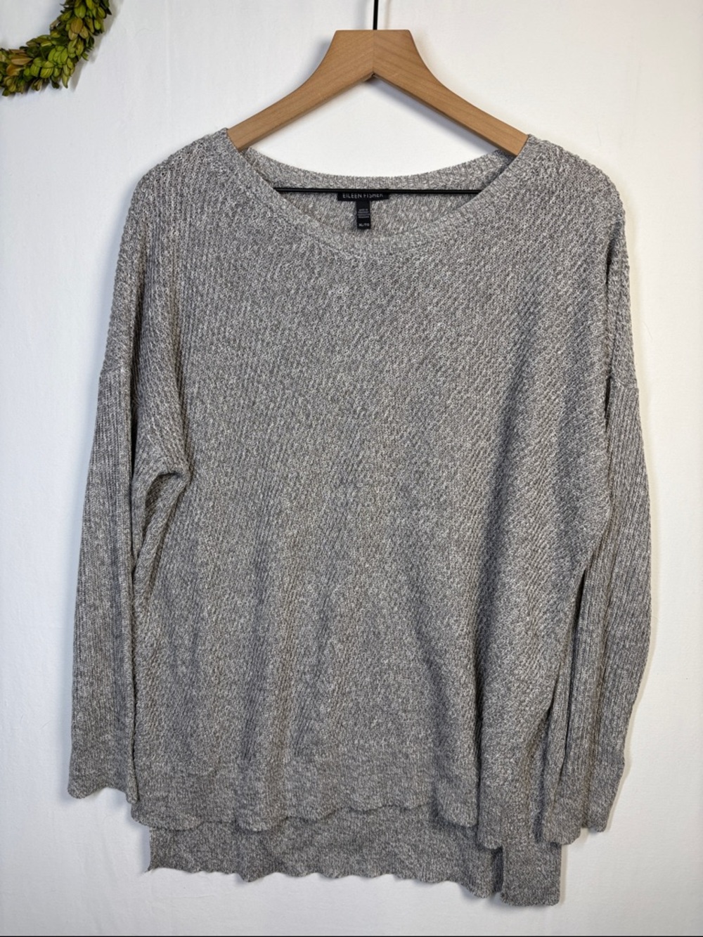 EILEEN FISHER Organic Linen/Cotton Blend Rib Knit Gray High Low Sweater size XL